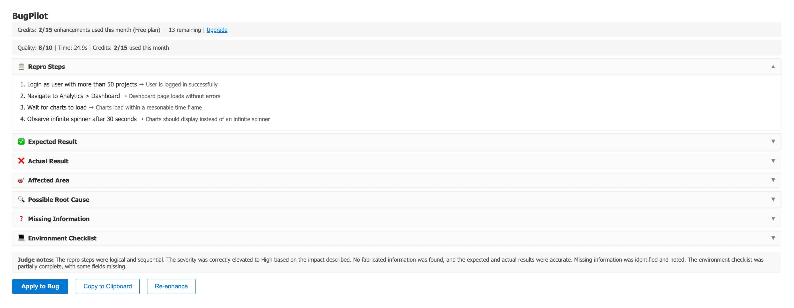 BugPilot enhancing a bug report with structured steps and severity in Azure DevOps
