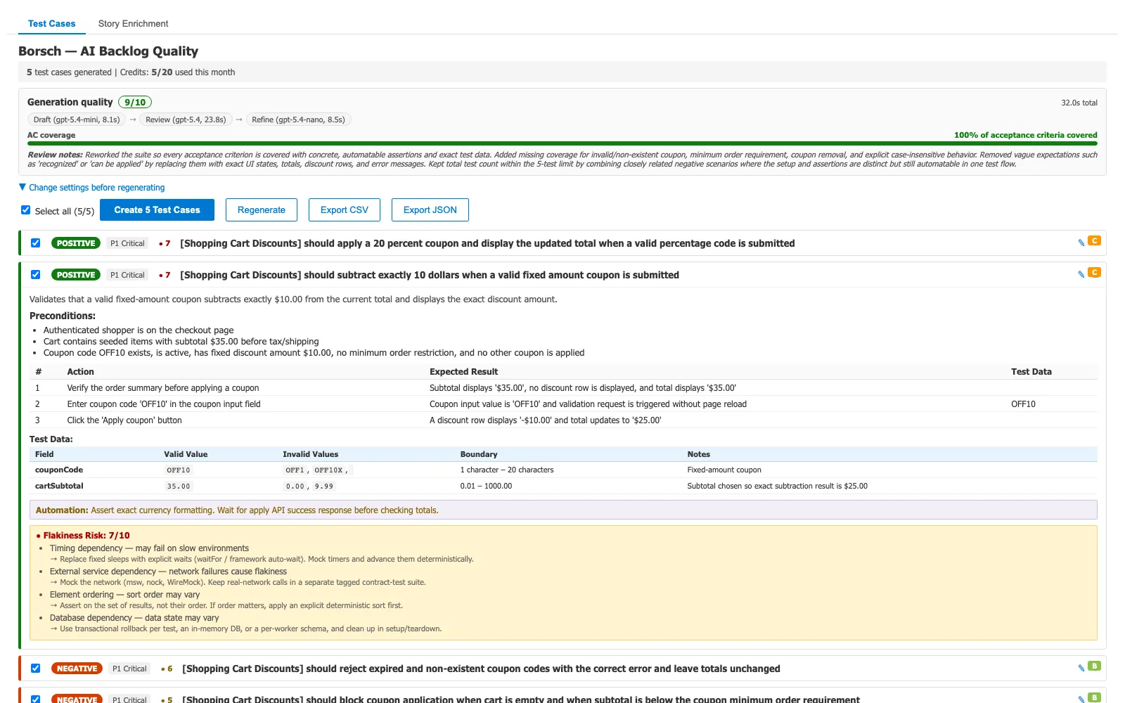 Borsch generating structured, automation-ready test cases with a transparent quality score