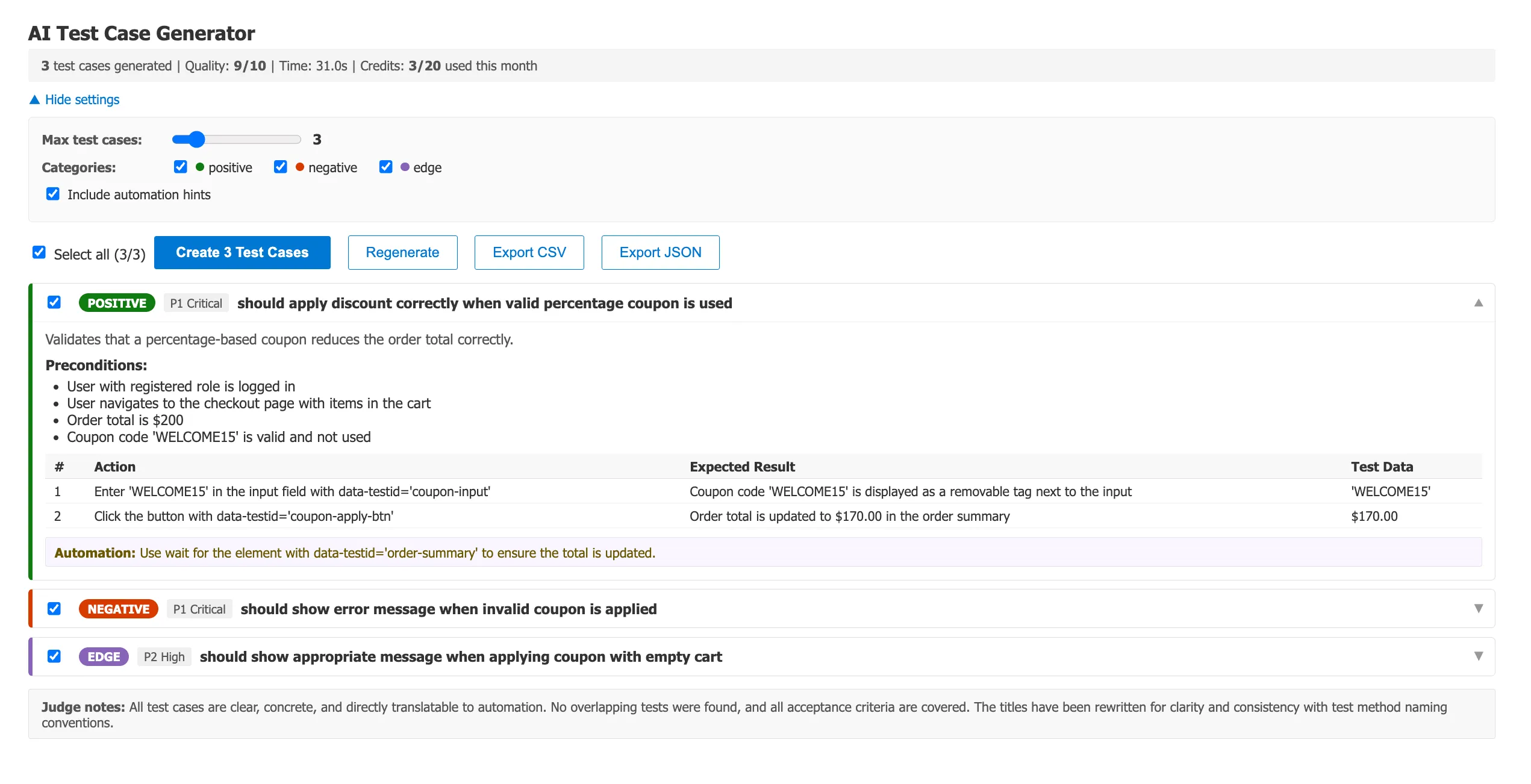 CasePilot generating AI test cases with quality score 9/10 in Azure DevOps